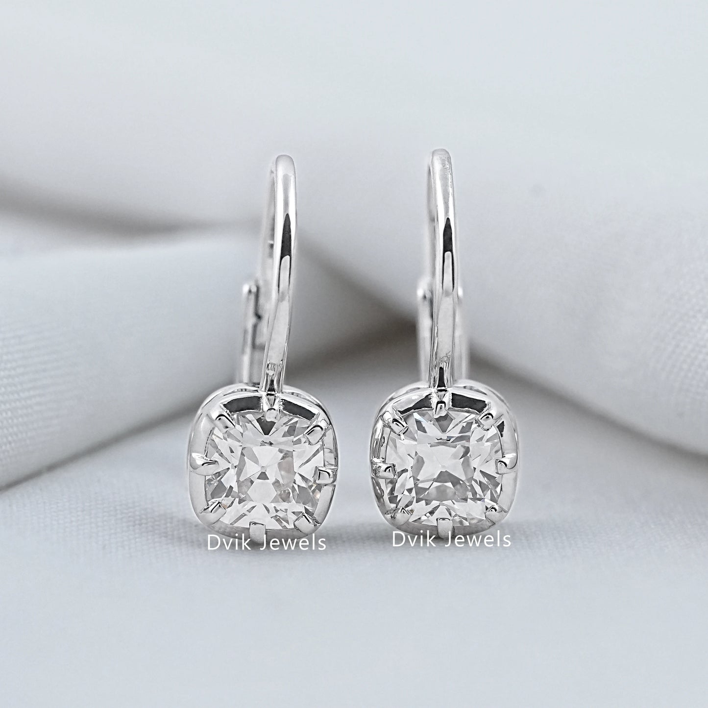 Old Mine Cut Square Cushion Diamond Leverback Earrings