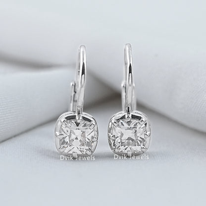 Old Mine Cut Square Cushion Diamond Leverback Earrings