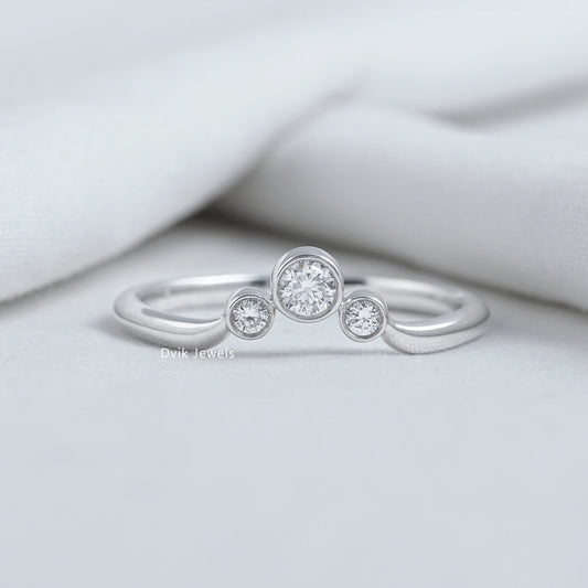 Three stone diamond curved ring lab grown in 14k gold setting.