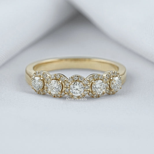 Five stone round cut lab diamond halo band displayed on jewelry box by Dvik Jewels
