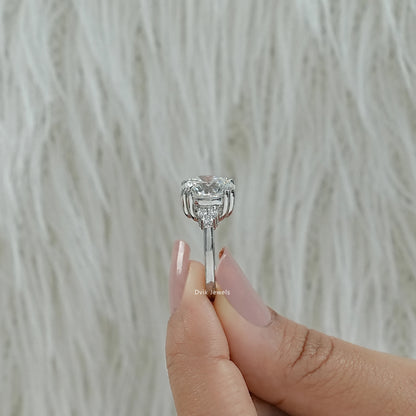 Round diamond cluster ring with double prong engagement ring close up view