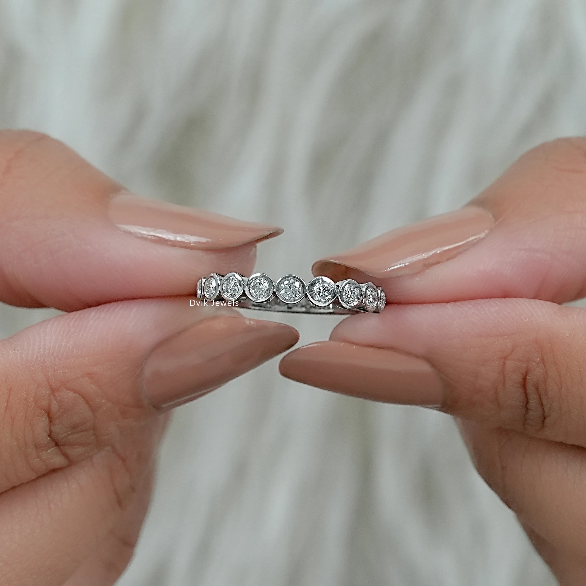 Round Cut Lab Diamond Bezel Set Half Eternity Band Ring