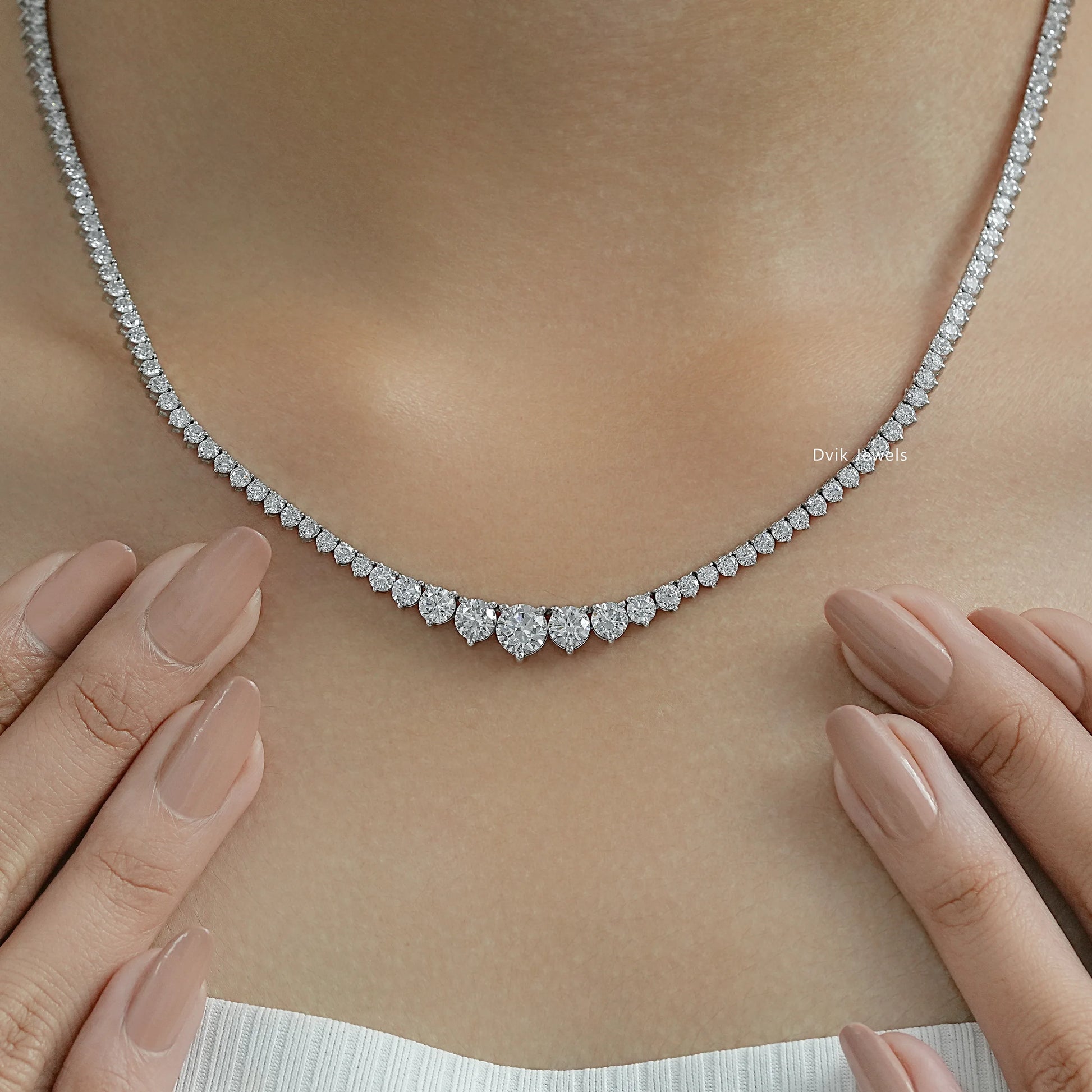 Lab grown diamond tennis necklace white gold finish worn for a bridal look
