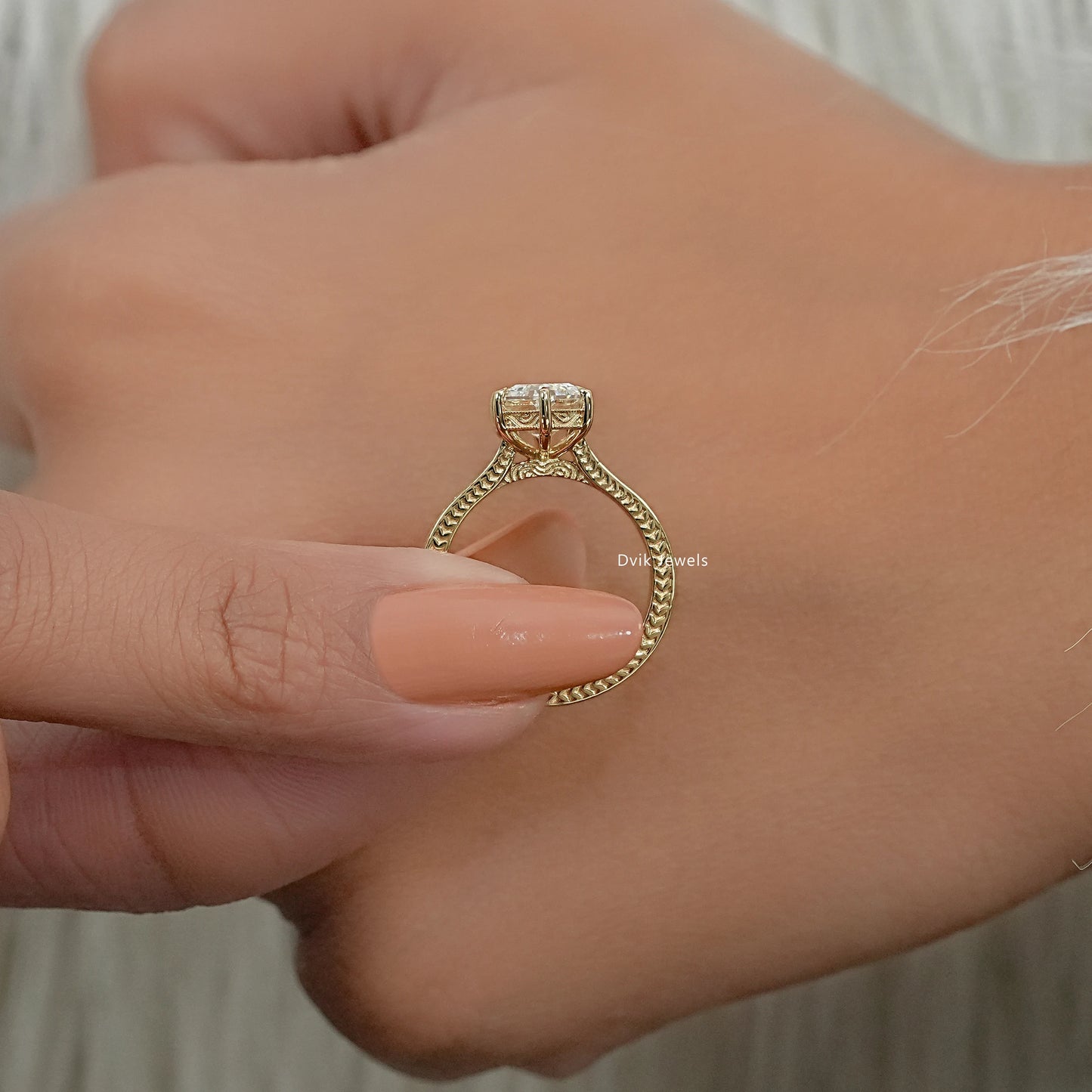 Dutch Marquise Lab Diamond Art Deco Engraved Solitaire Ring Ring
