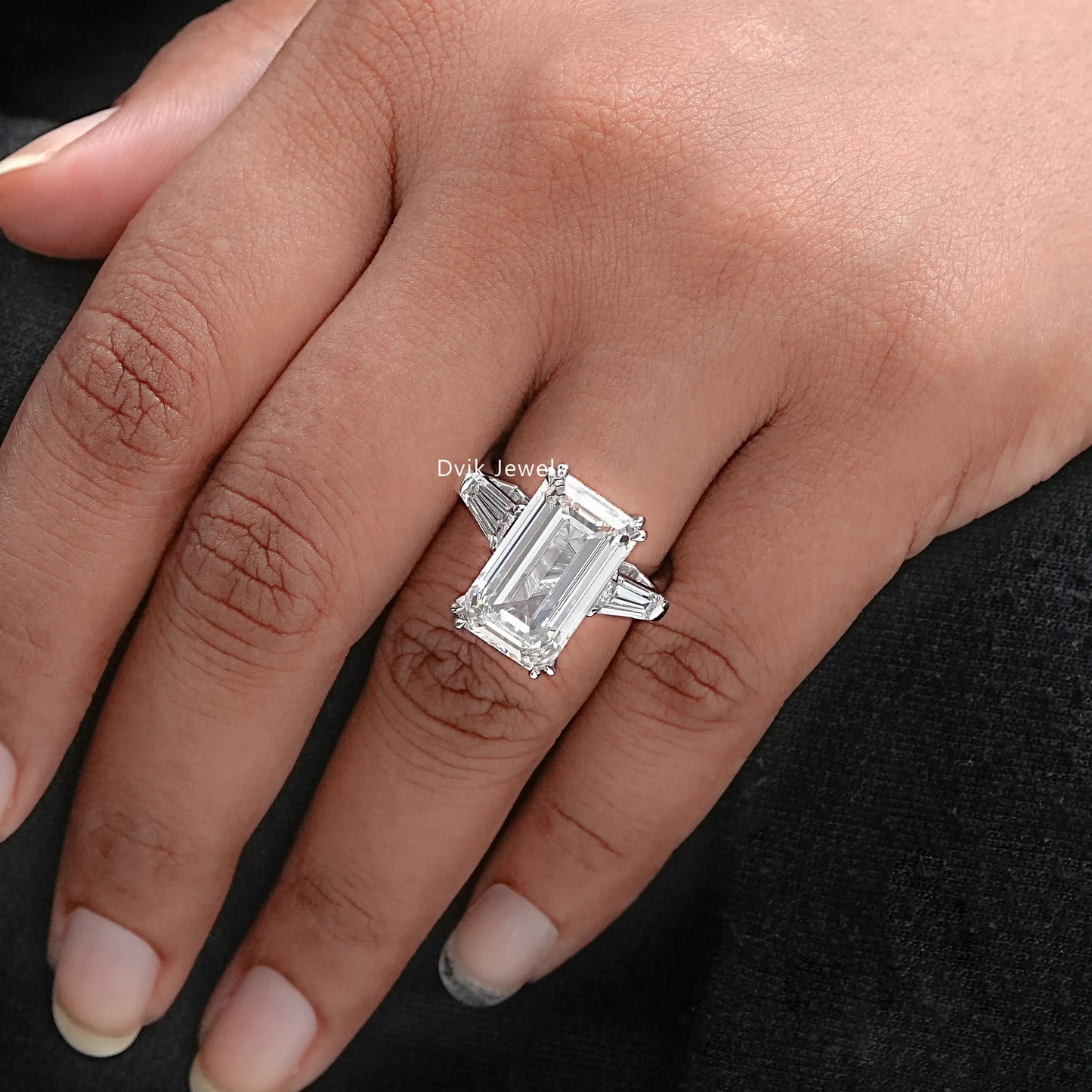 Emerald Cut Lab Diamond Three Stone Engagement Ring