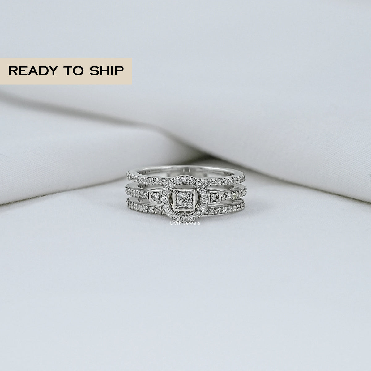 Round Diamond Triple Shank Halo Ring