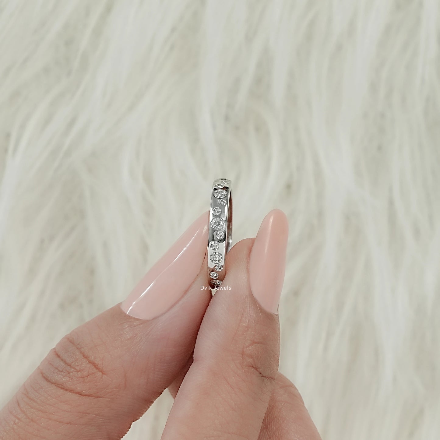 Round Cut Diamond Scattered Bezel Set Wedding Band