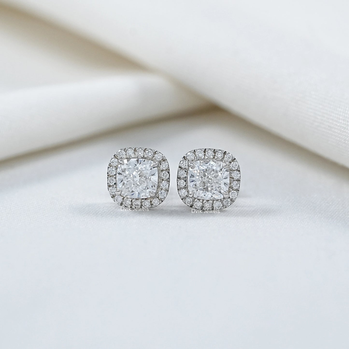 Cushion And Round Diamond Halo Stud Earrings