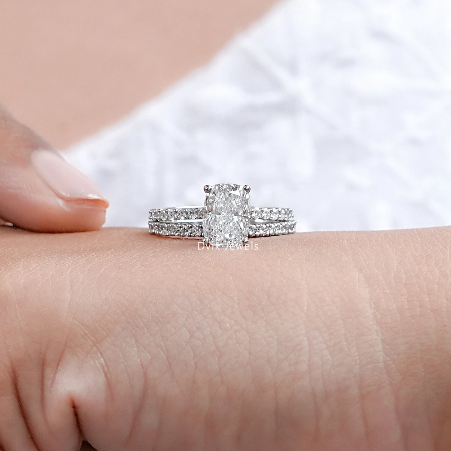 Elongated Cushion Cut Solitaire Bridal Ring Set