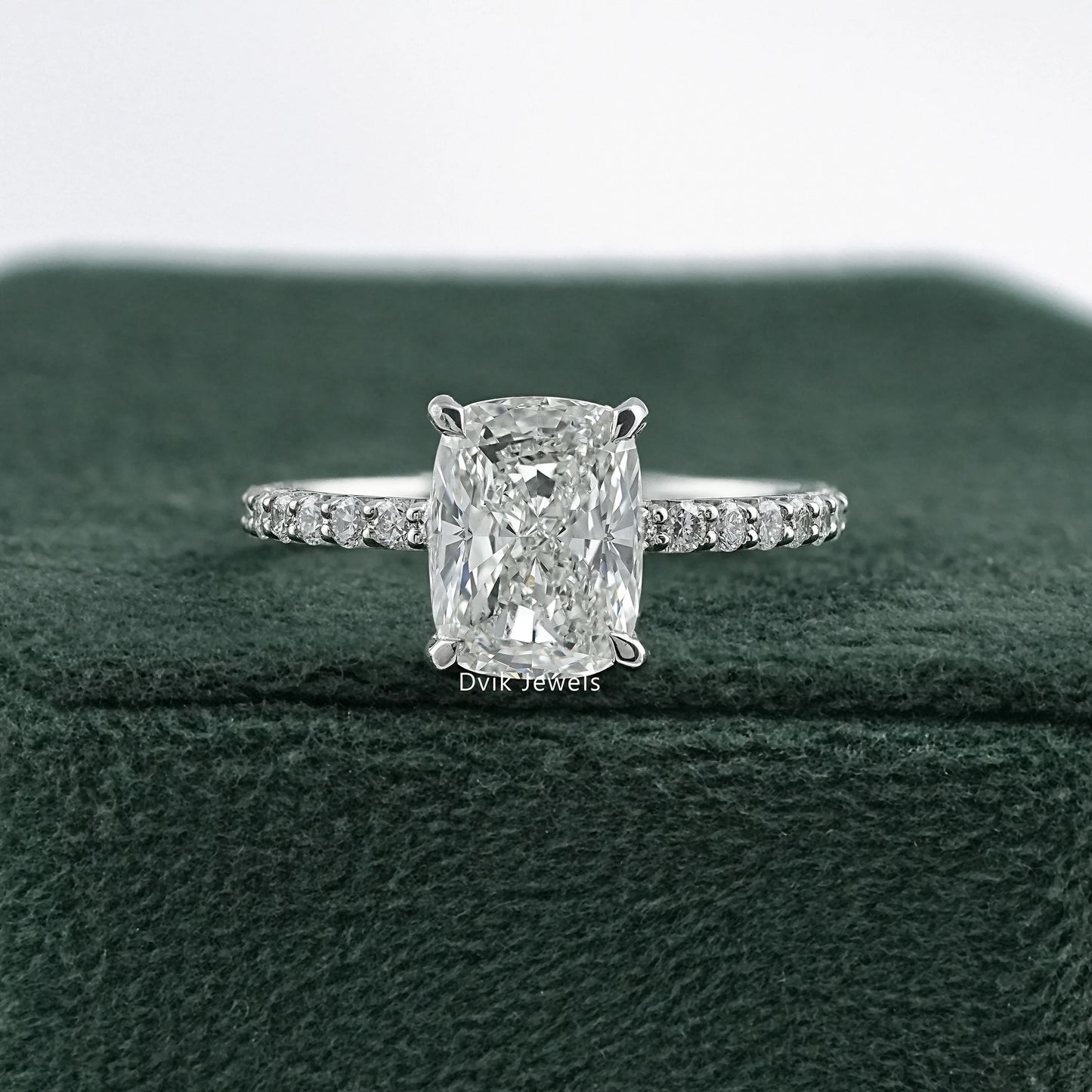 Cushion Cut Lab Diamond Engagement Ring With Pave Band