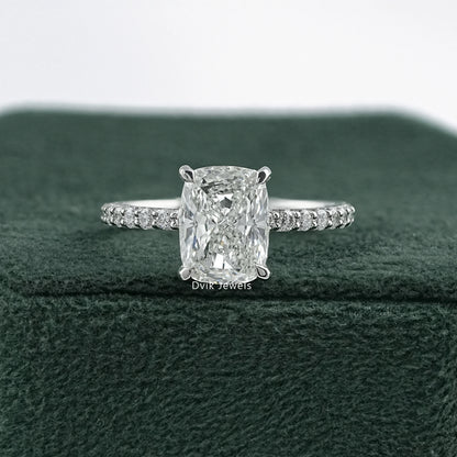 Cushion Cut Lab Diamond Engagement Ring With Pave Band