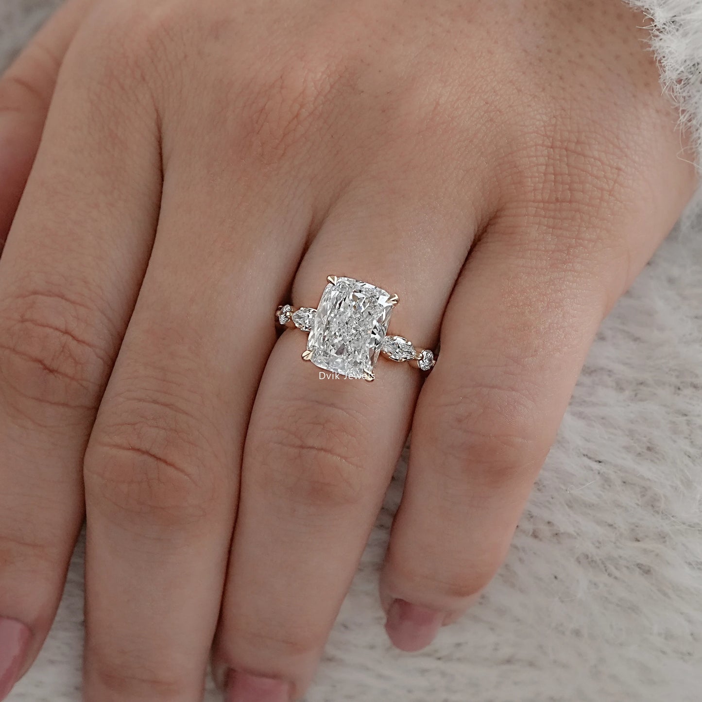 Cushion Cut Diamond Ring with Marquise Side Stones