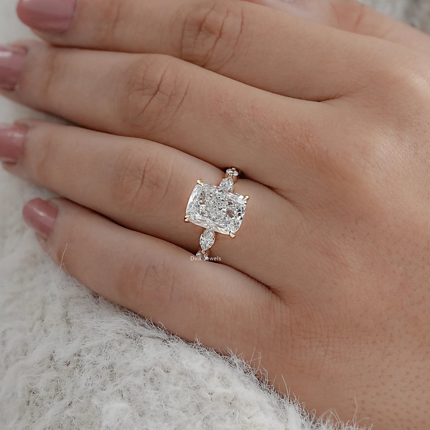 Cushion Cut Diamond Ring with Marquise Side Stones