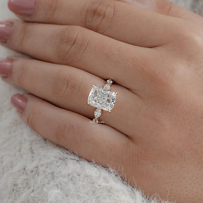 Cushion Cut Diamond Ring with Marquise Side Stones