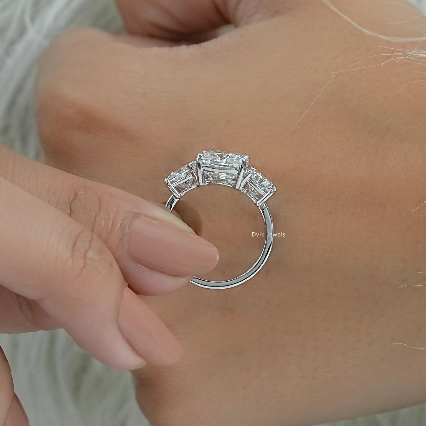 Cushion Cut Lab Diamond Three Stone Engagement Ring