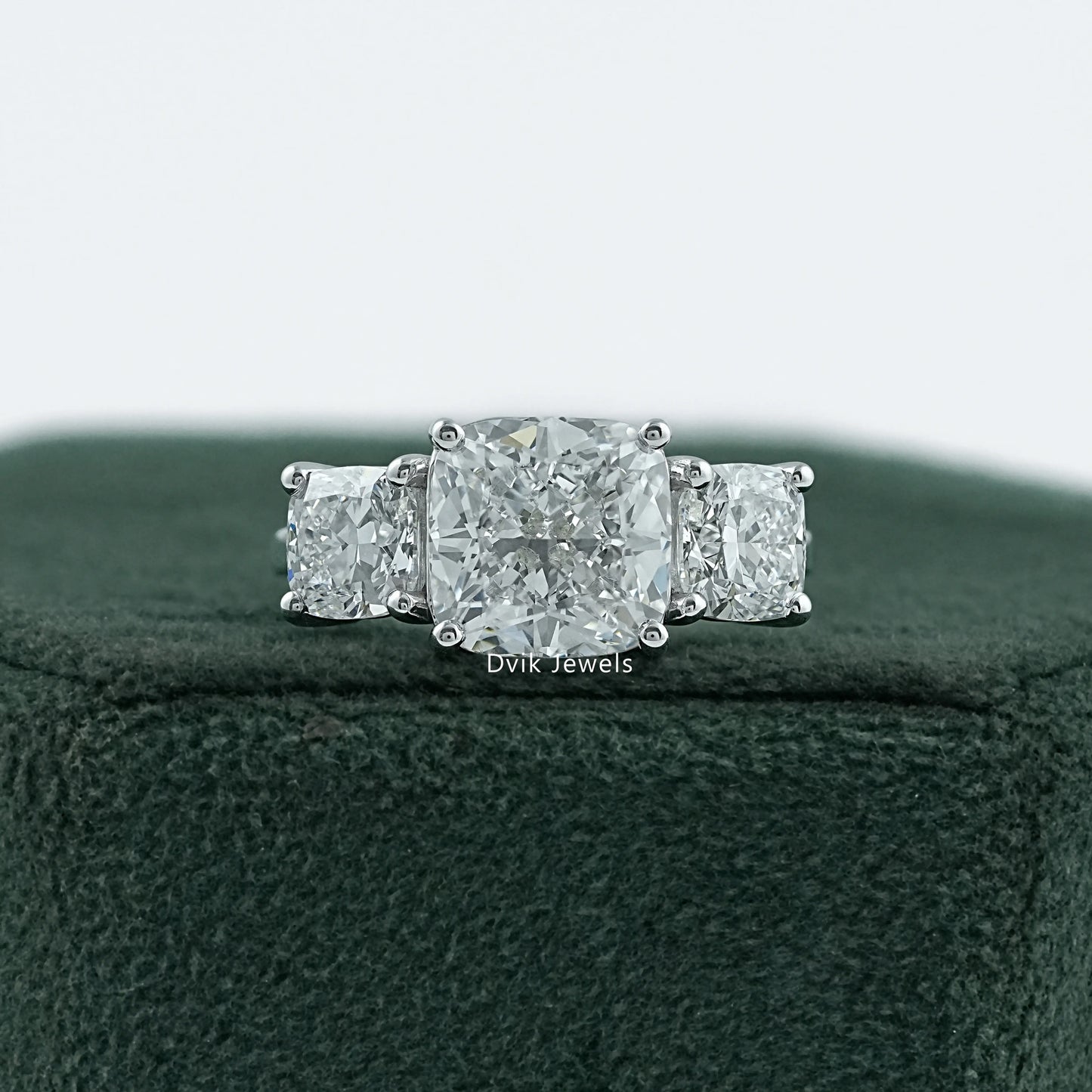 Cushion Cut Lab Diamond Three Stone Engagement Ring