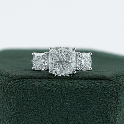 Cushion Cut Lab Diamond Three Stone Engagement Ring