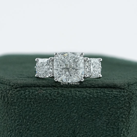 Cushion Cut Lab Diamond Three Stone Engagement Ring