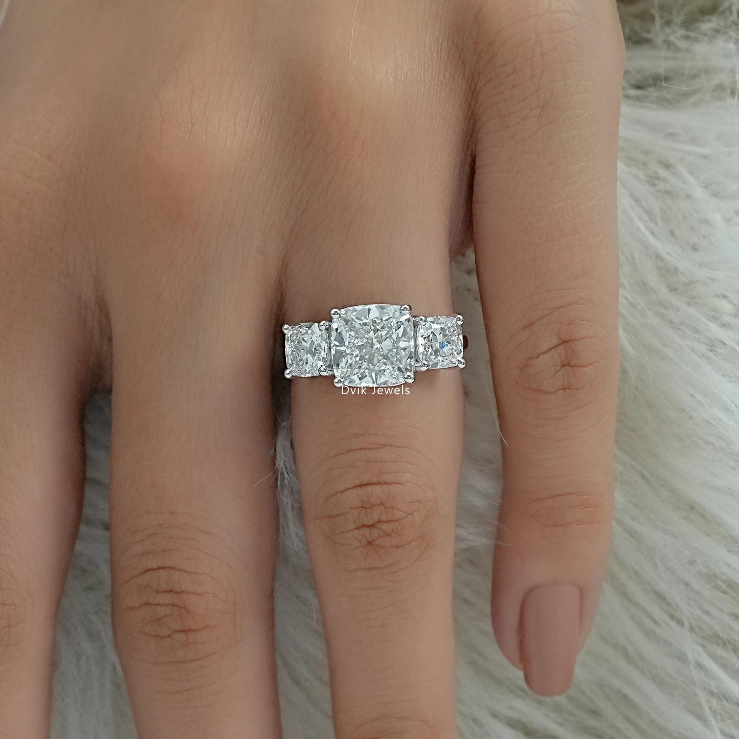 Cushion Cut Lab Diamond Three Stone Engagement Ring