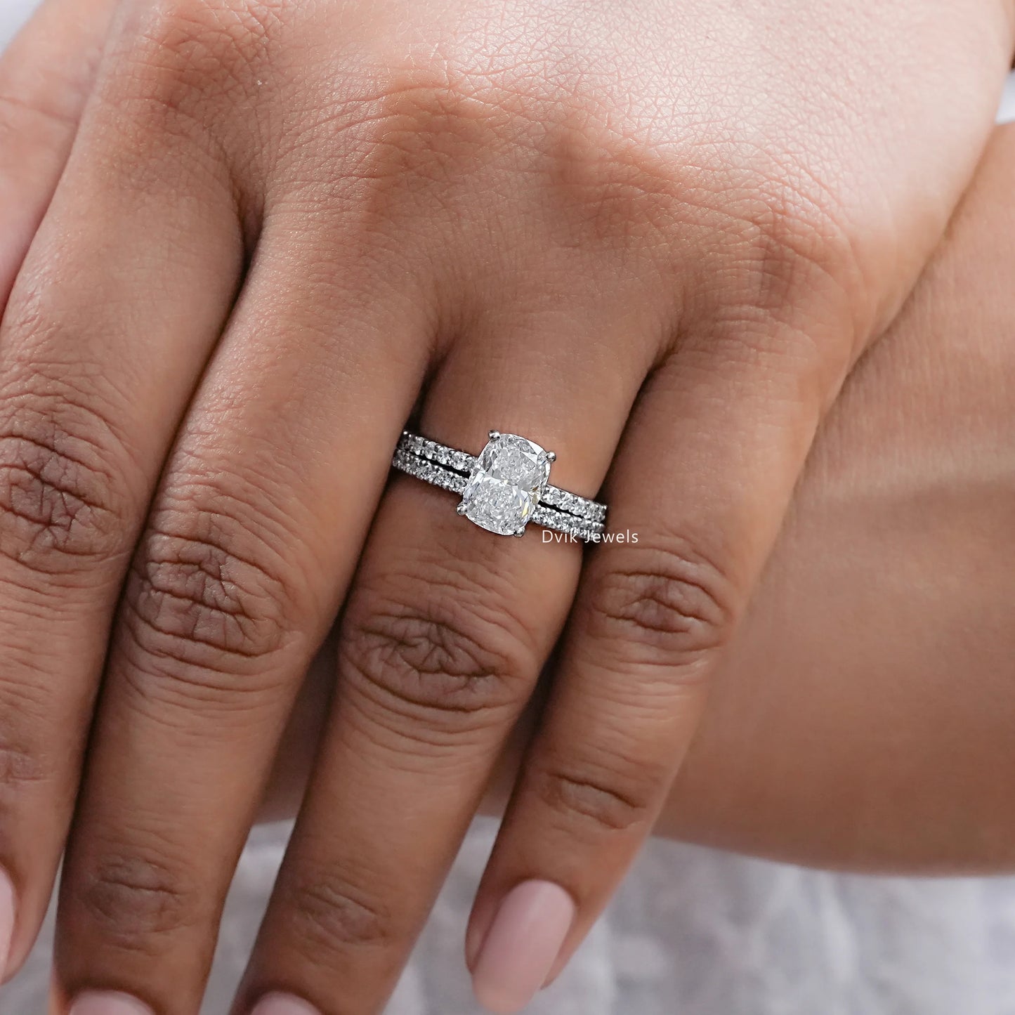 Elongated Cushion Cut Solitaire Bridal Ring Set