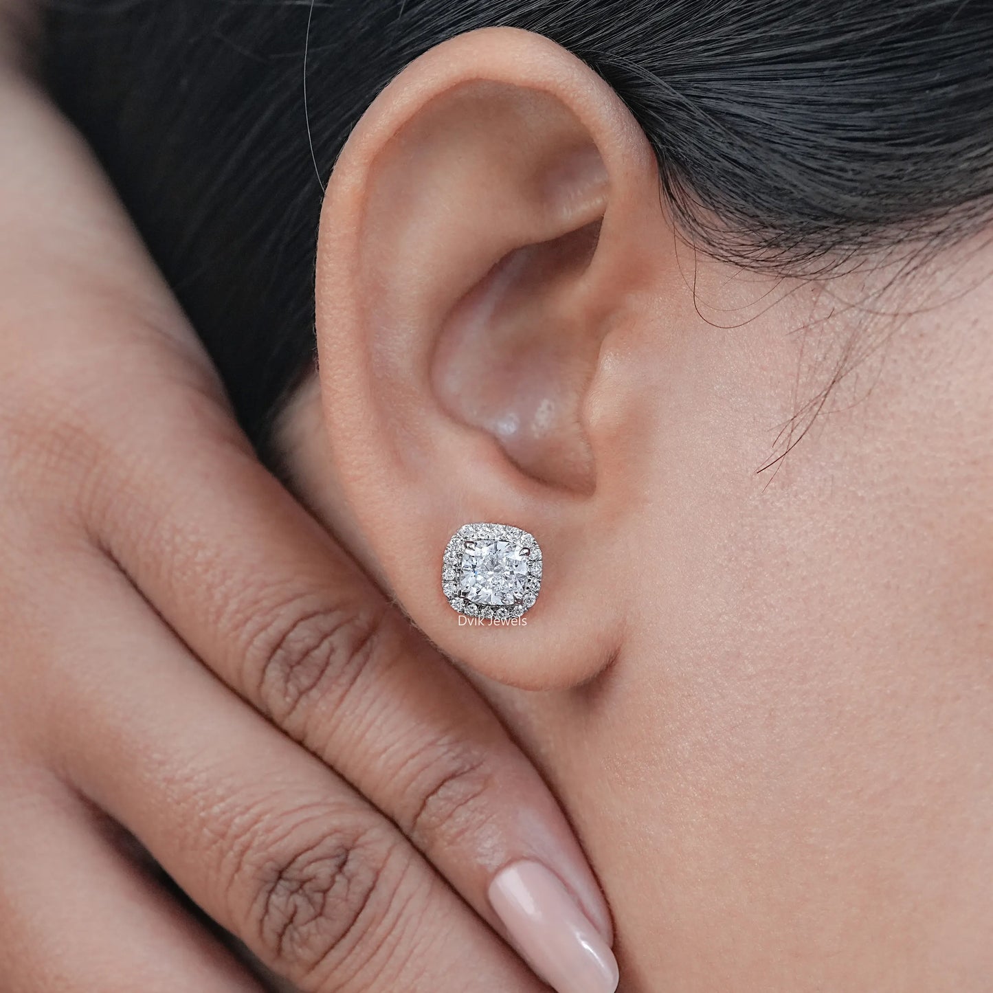 Cushion And Round Diamond Halo Stud Earrings