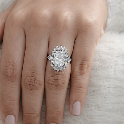 Cushion Cut Lab Diamond Three Stone Halo Engagement Ring
