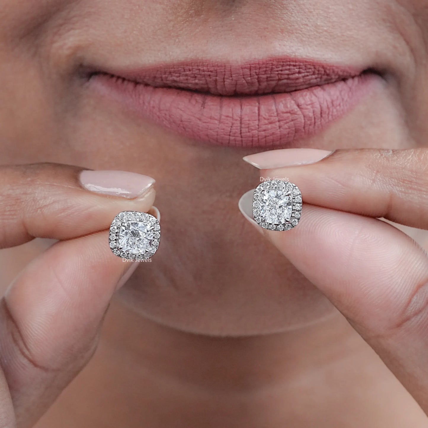 Cushion And Round Diamond Halo Stud Earrings