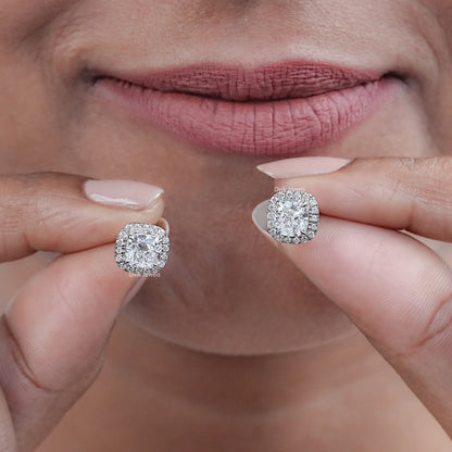 Cushion And Round Diamond Halo Stud Earrings