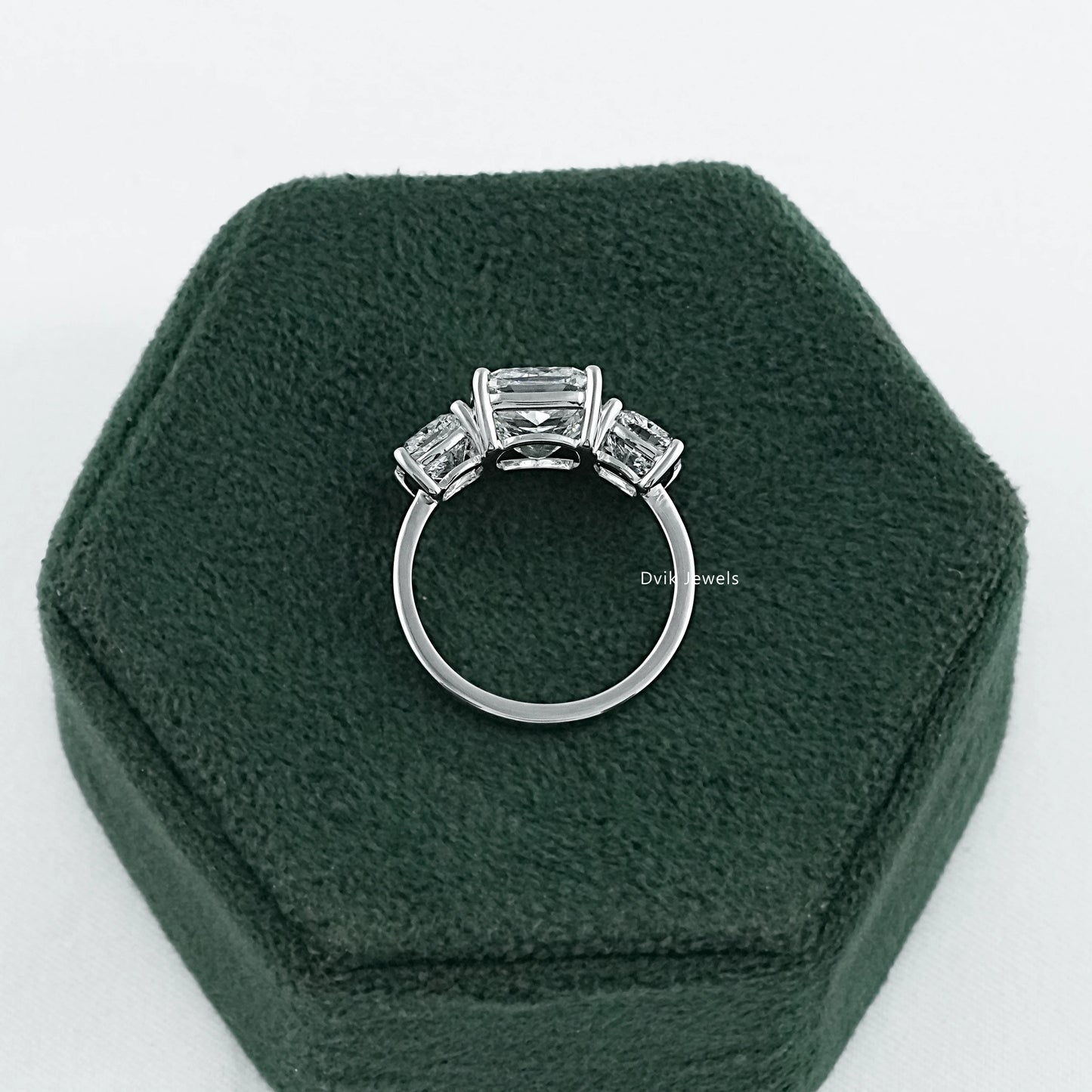 Cushion Cut Lab Diamond Three Stone Engagement Ring