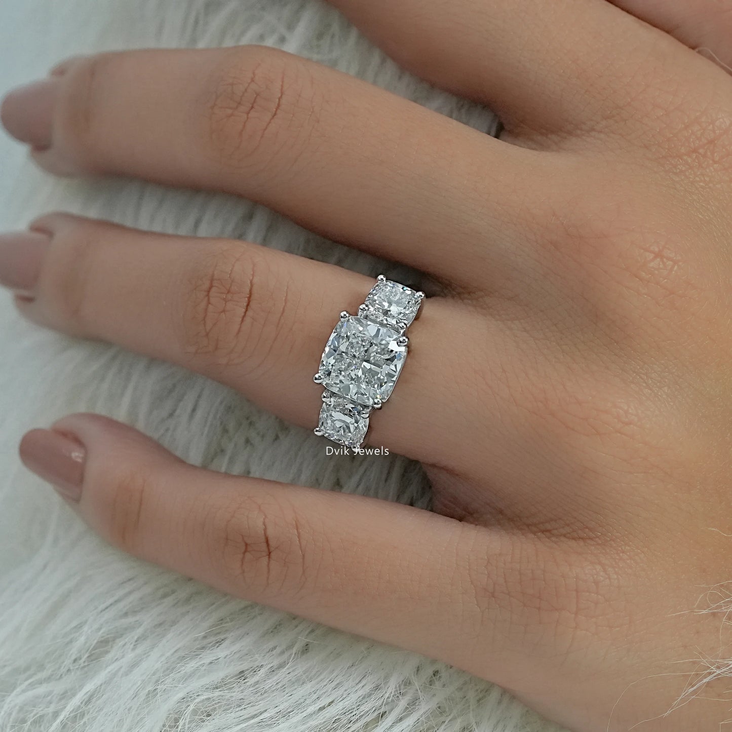 Cushion Cut Lab Diamond Three Stone Engagement Ring
