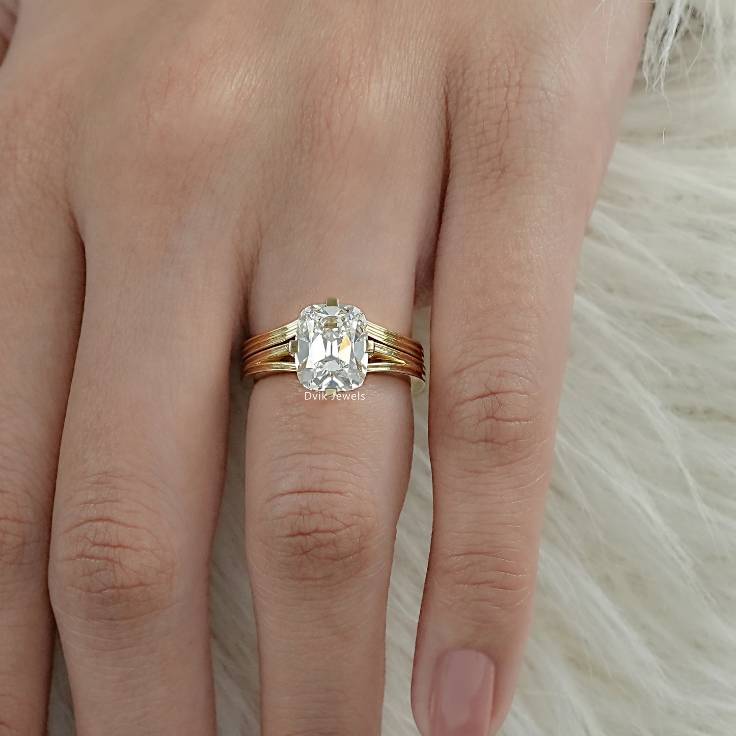 Lab Diamond Old Mine Cushion Cut Solitaire Ring with multi band design on hand