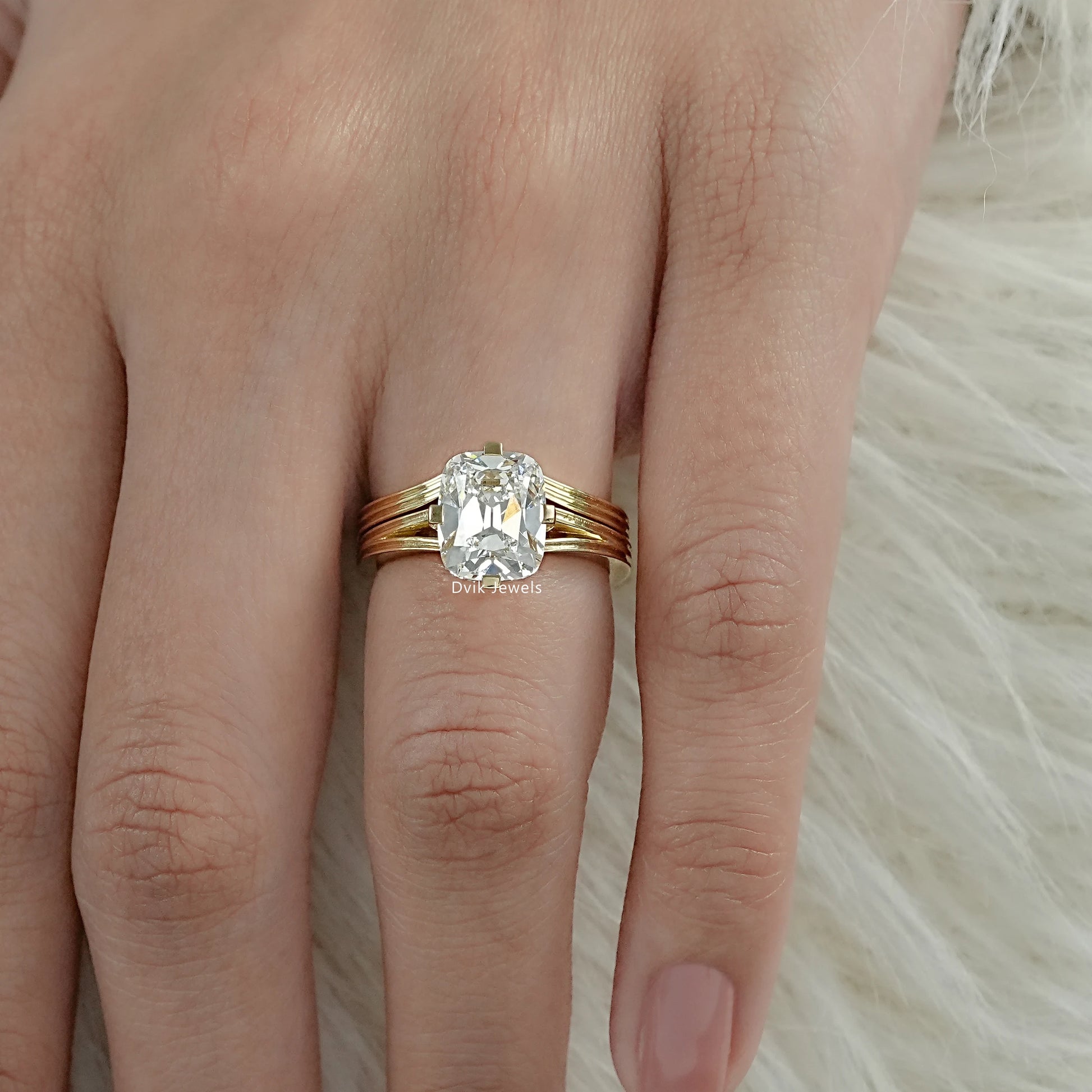 Lab Diamond Old Mine Cushion Cut Solitaire Ring with multi band design on hand