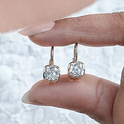 Old Mine Cut Square Cushion Diamond Leverback Earrings Earrings