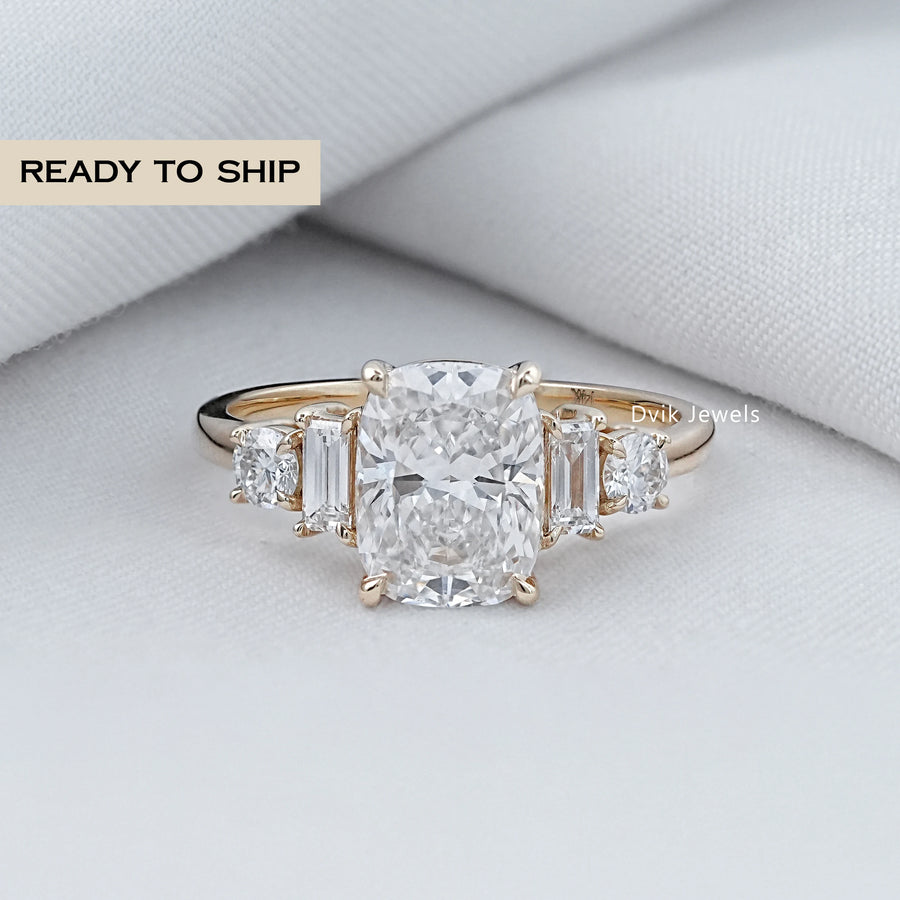 Elongated Cushion Shape Five Diamond Engagement Ring