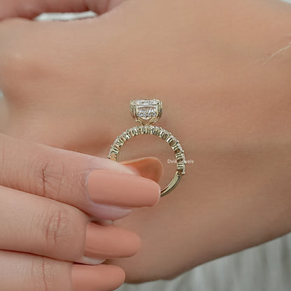 pavé engagement rings showing the hidden halo detail and diamond-lined band.