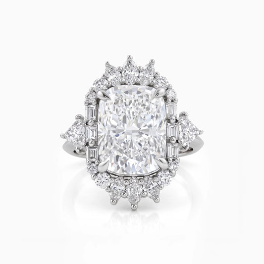 Cushion Cut Lab Diamond Three Stone Halo Engagement Ring Ring