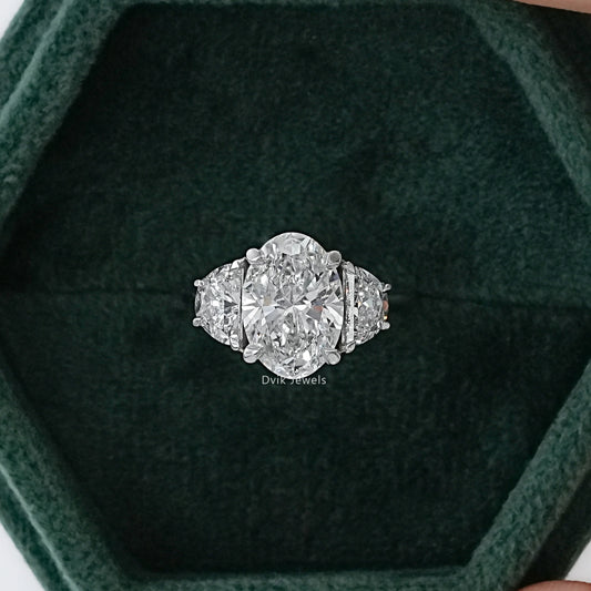 3 CT Oval And Half Moon Lab Diamond Three Stone Ring