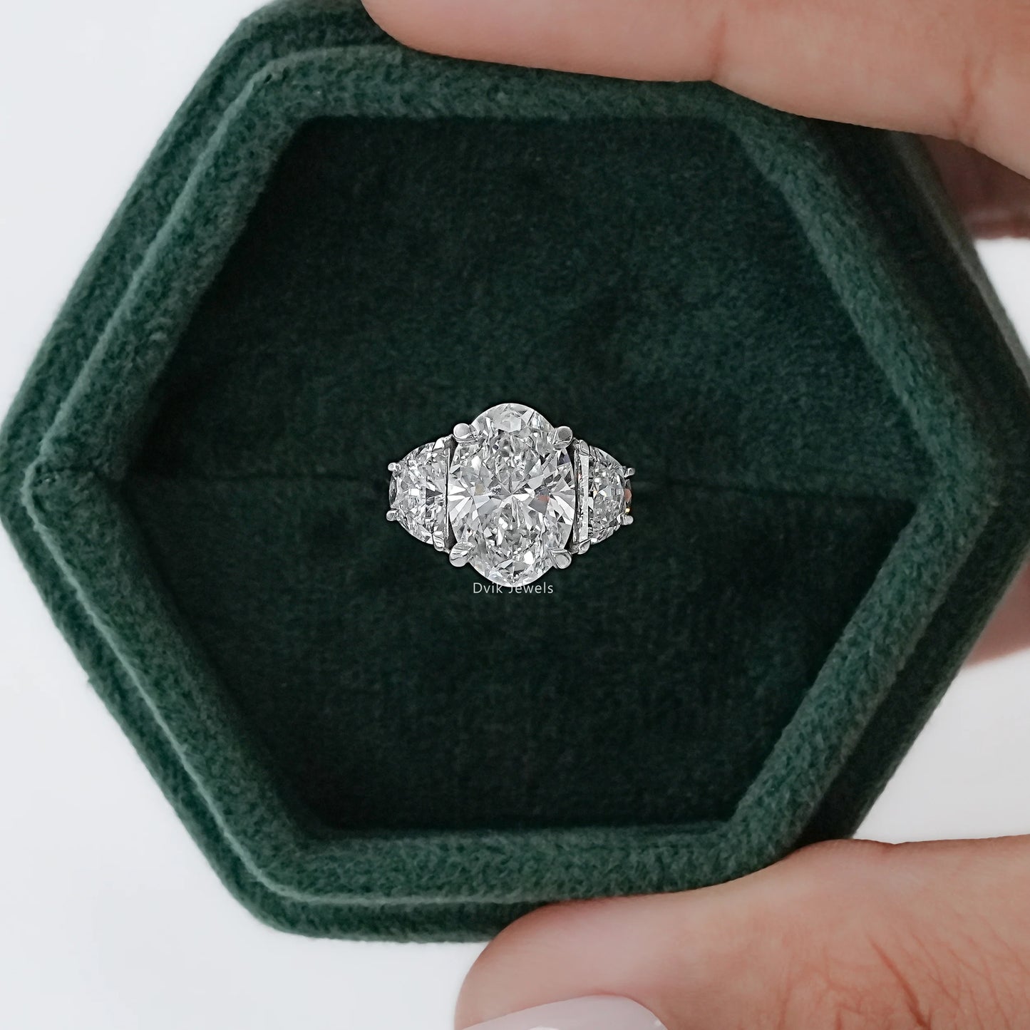 3 CT Oval And Half Moon Lab Diamond Three Stone Ring