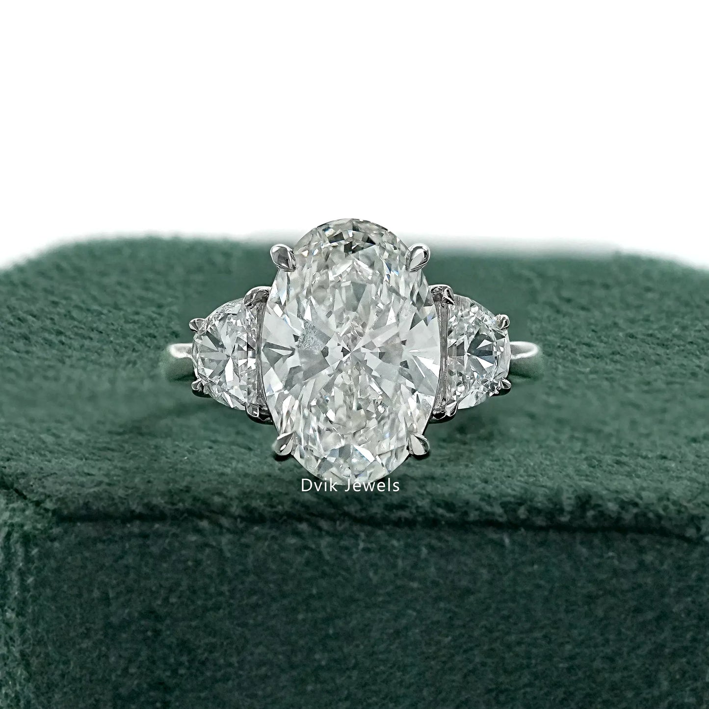 Three Stone Oval And Half Moon Cut Diamond Engagement Ring Ring
