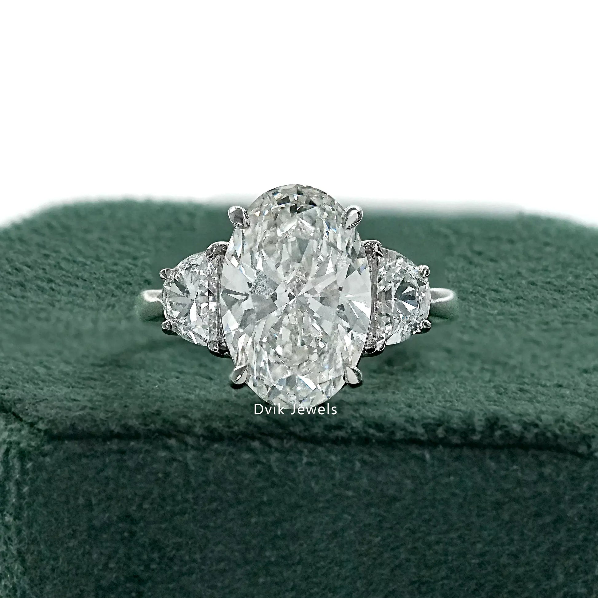 Three Stone Oval And Half Moon Cut Diamond Engagement Ring Ring