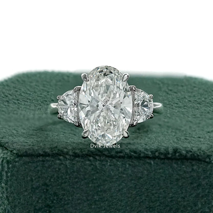 Three Stone Oval And Half Moon Cut Diamond Engagement Ring Ring