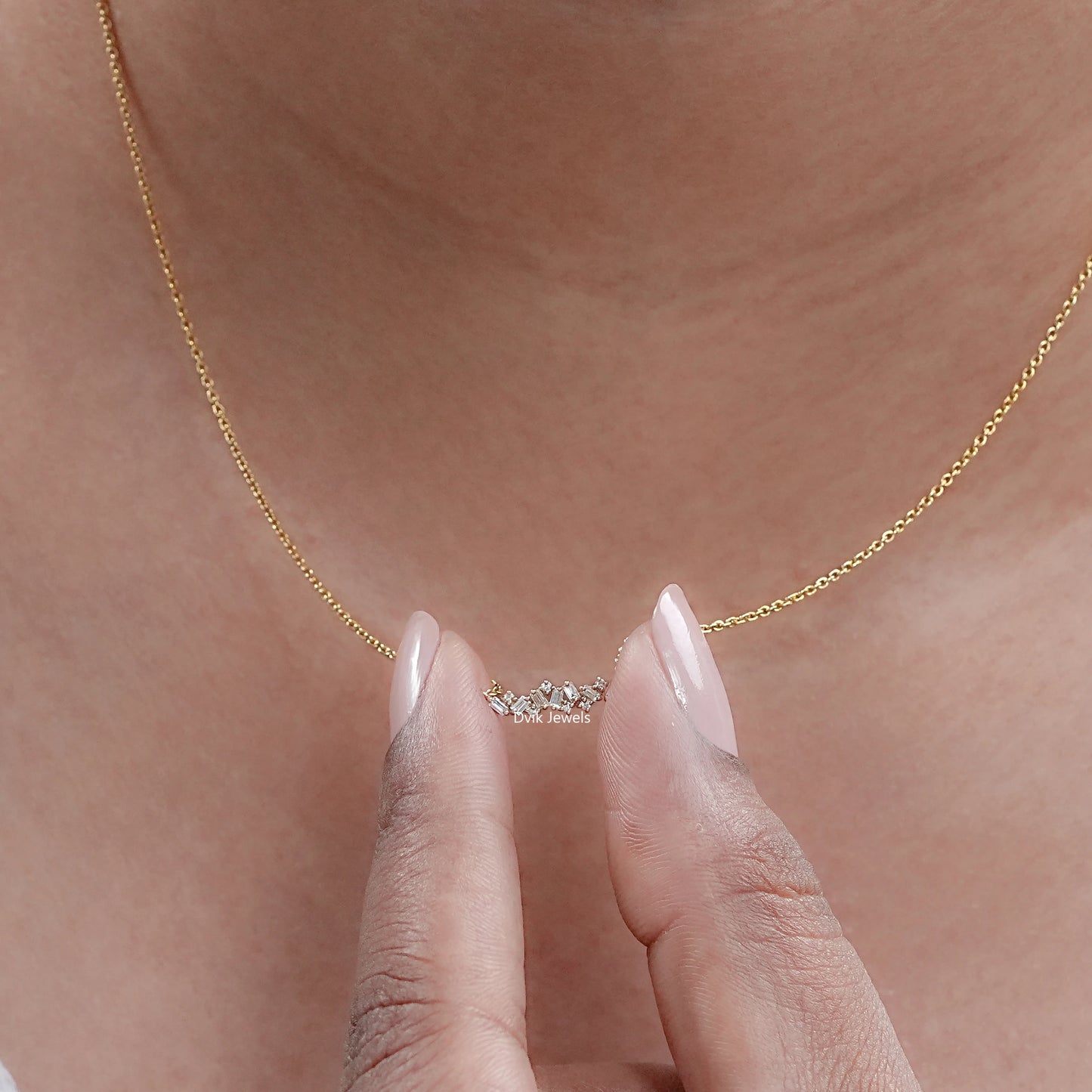 Round And Baguette Diamond Bar Necklace