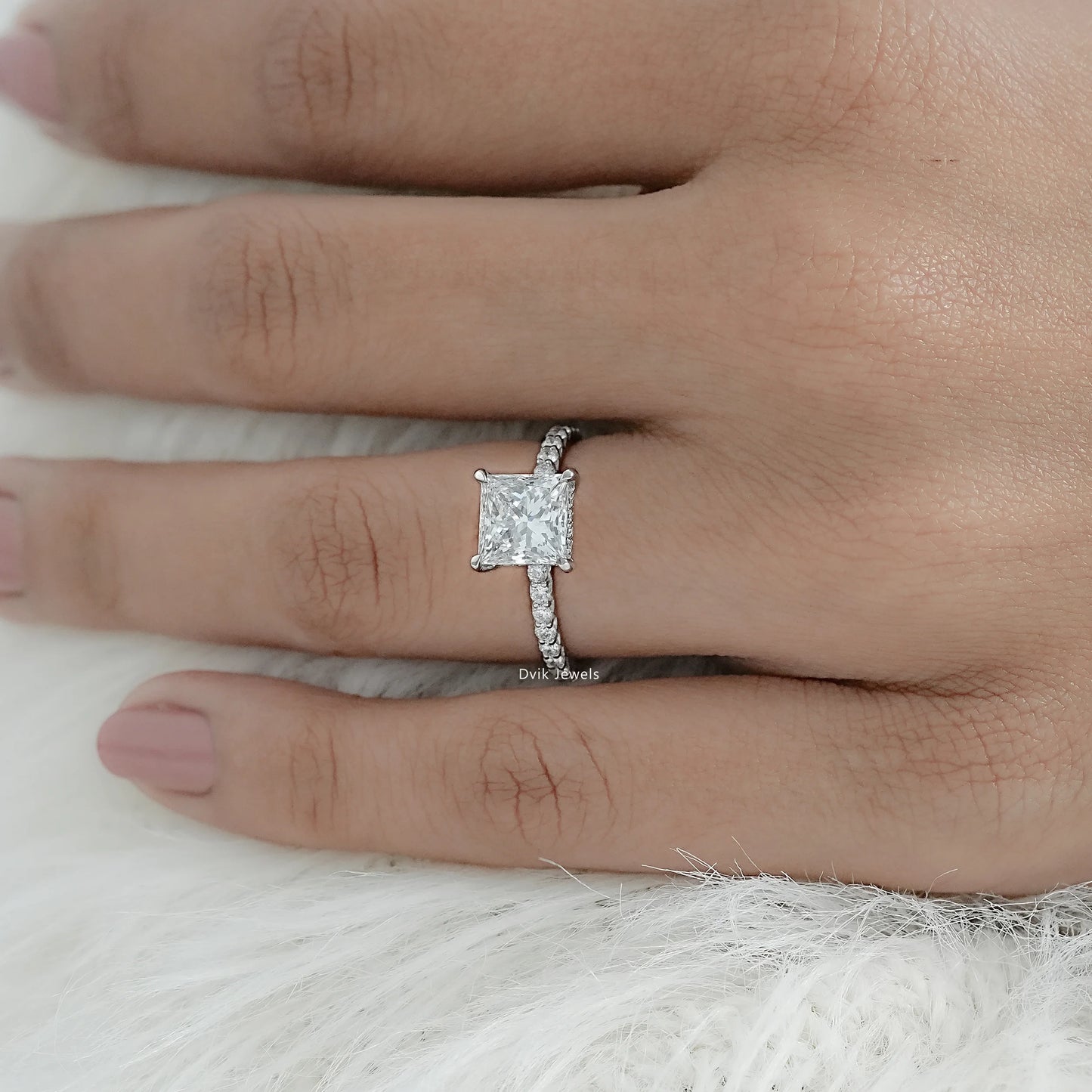 Princess Cut Lab Diamond Pave Set Solitaire Accent Ring