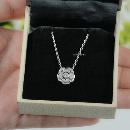 Round diamond rose flower necklace in box for front view