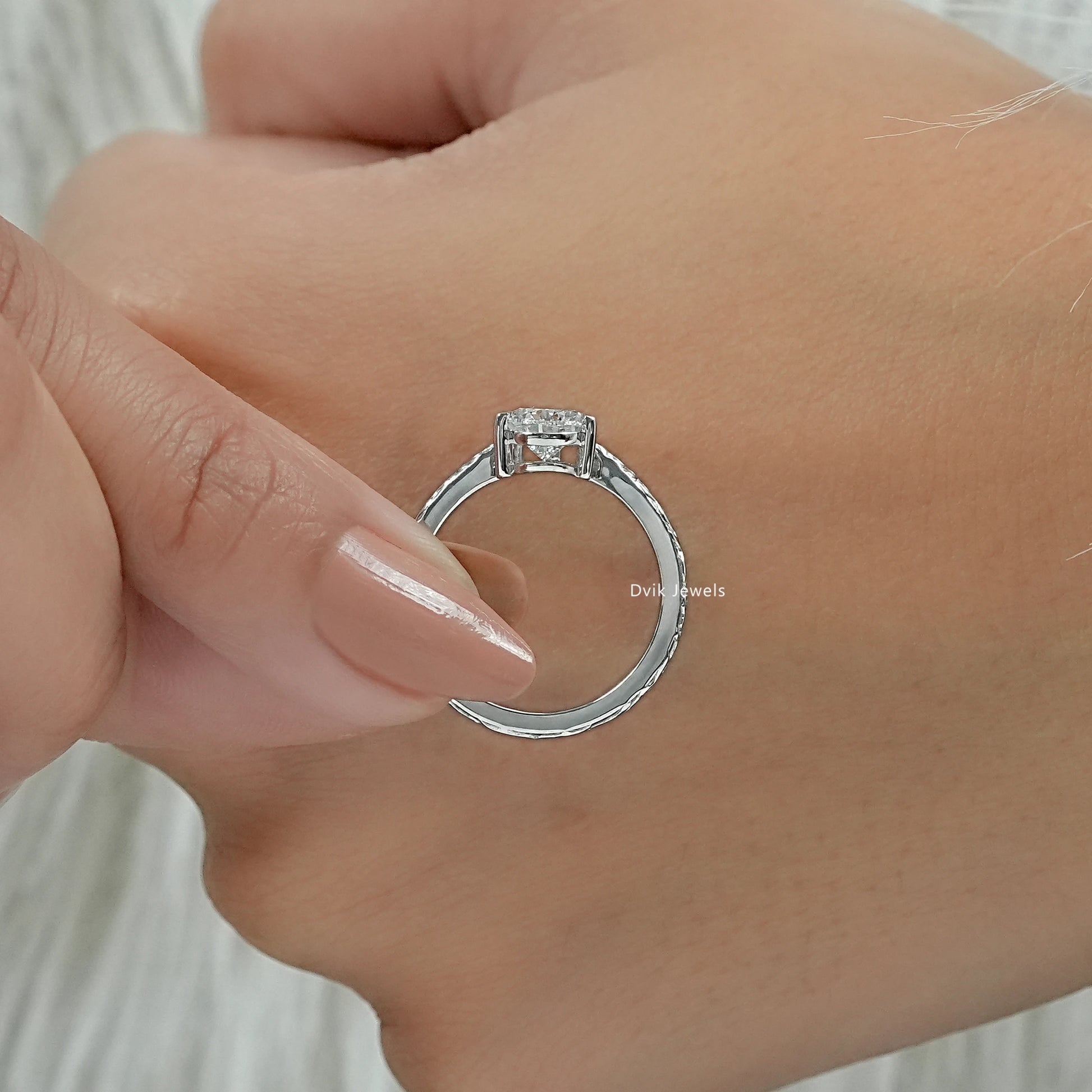 Pear Cut Lab Diamond Solitaire Ring With Engraved Band Ring