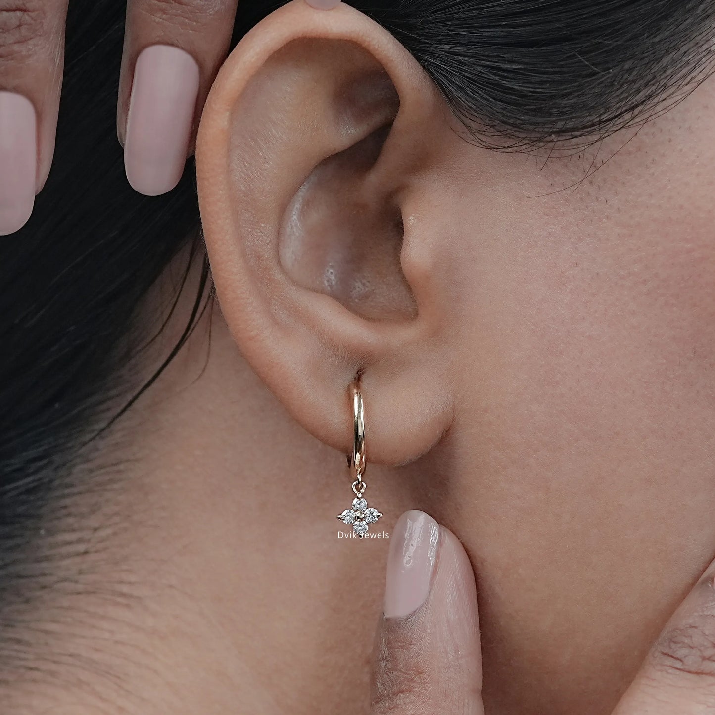 Round Diamond Flower Drop Hoop Earrings
