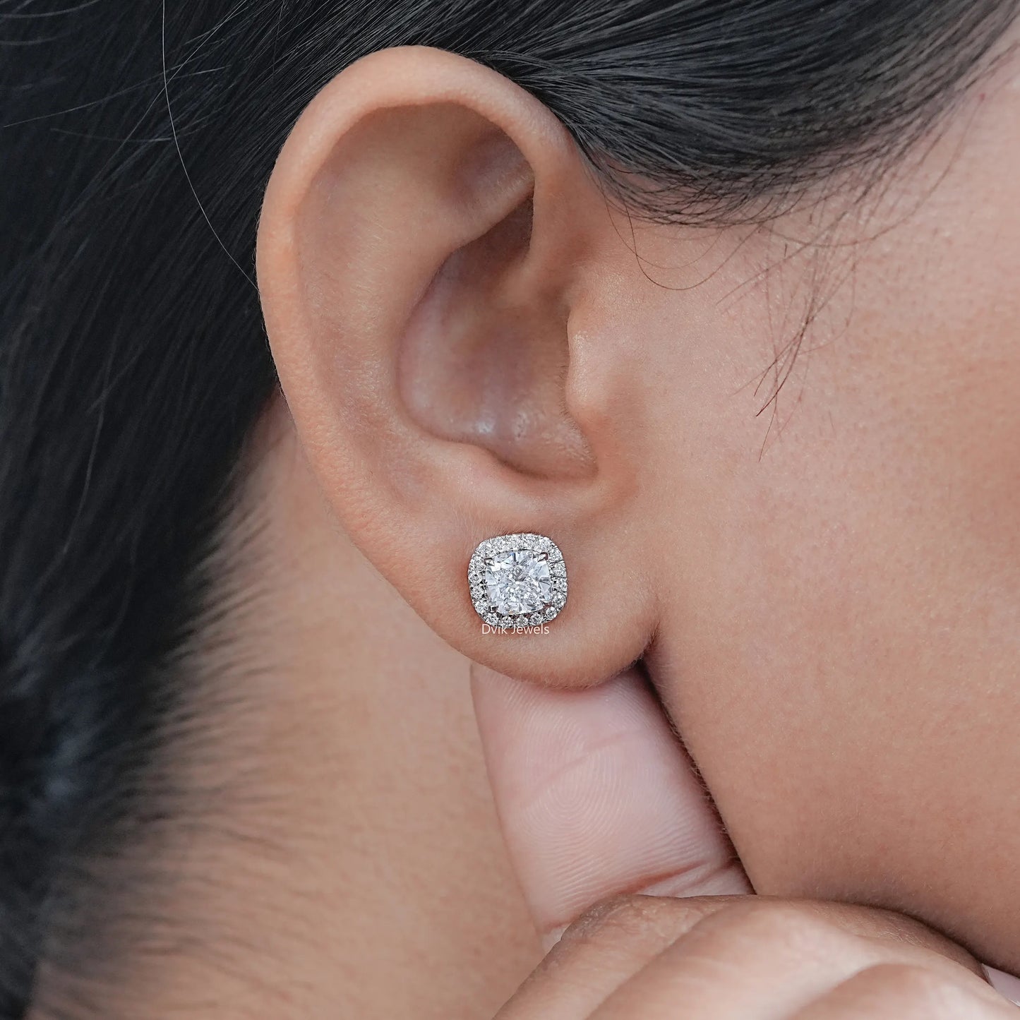 Cushion And Round Diamond Halo Stud Earrings