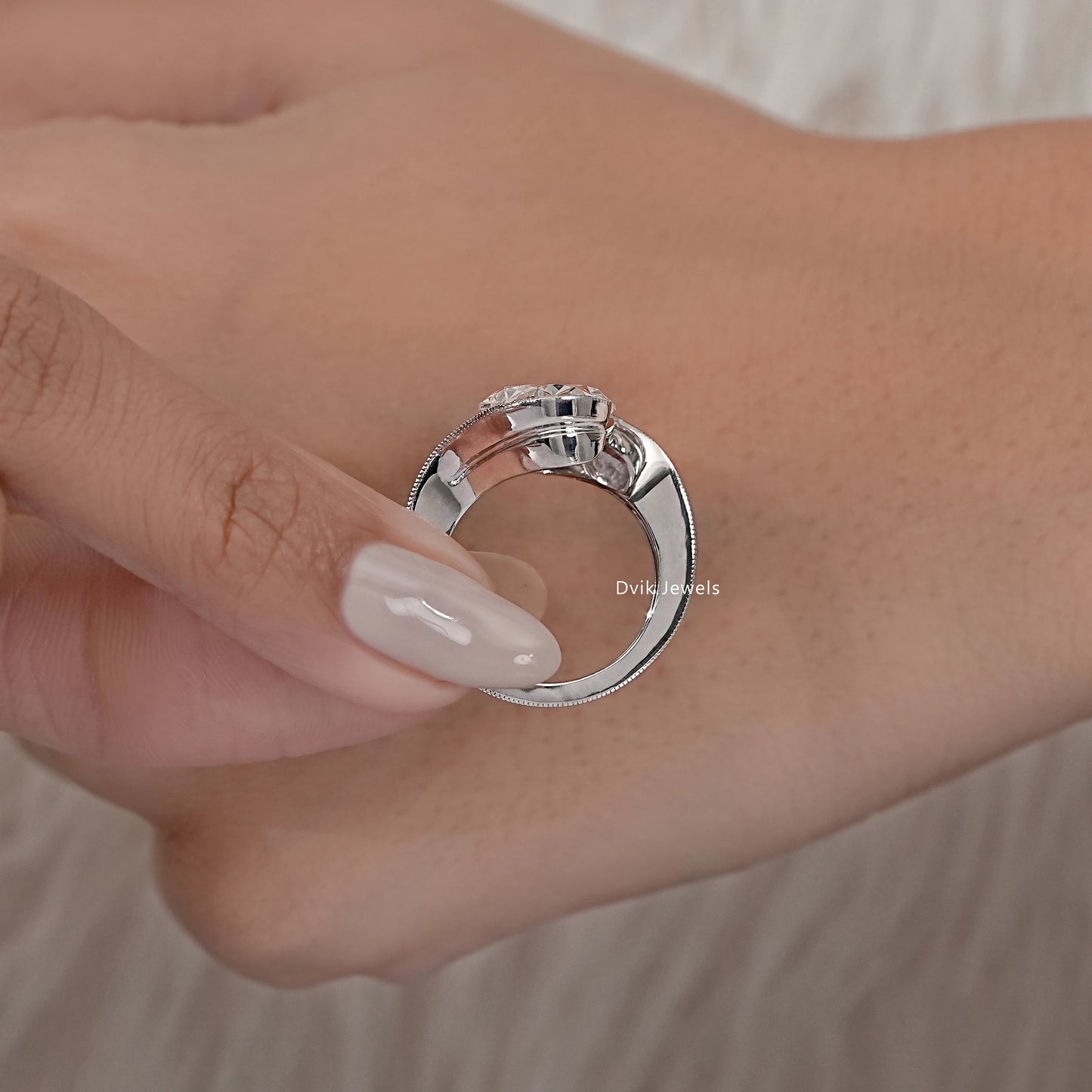 Oval Cut Diamond Filigree Bypass Ring