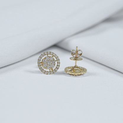 Front and back view of round cut halo diamond studs showing yellow gold butterfly push-back closure