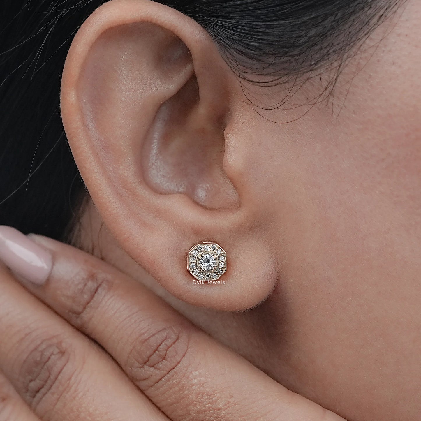 Octagon Shape Round Diamond Halo Stud